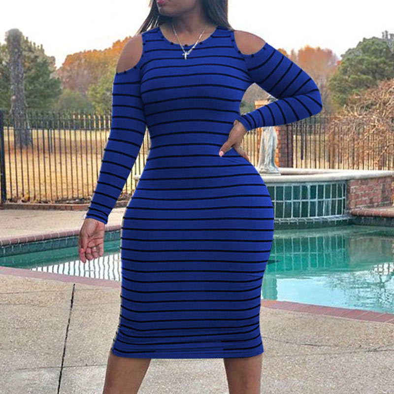 Colorblock Stripes Cold Shoulder Long Sleeve Dress