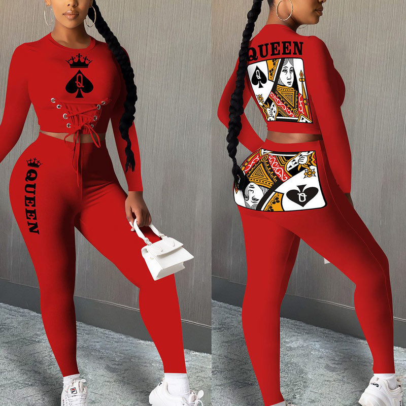 Poker Print Design Lace-Up Eyelet Long Sleeve Top & Pants Set