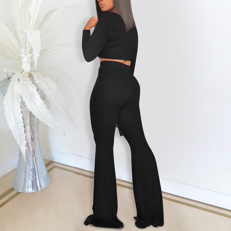 Solid Round Neck Crop Top & Bell Bottom Pants Set