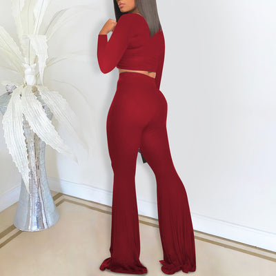 Solid Round Neck Crop Top & Bell Bottom Pants Set