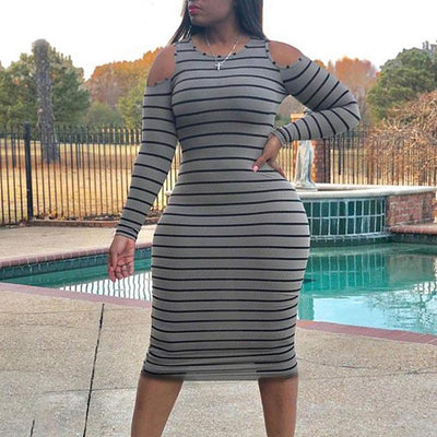 Colorblock Stripes Cold Shoulder Long Sleeve Dress