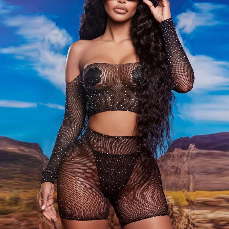 Solid Off Shoulder Rhinestone Fishnet See Through Lingerie Set