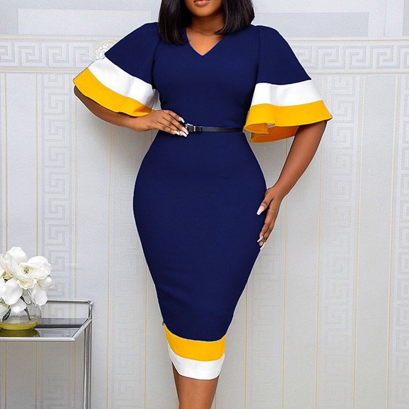 Colorblock Flared Sleeves V-neck Bodycon Dress