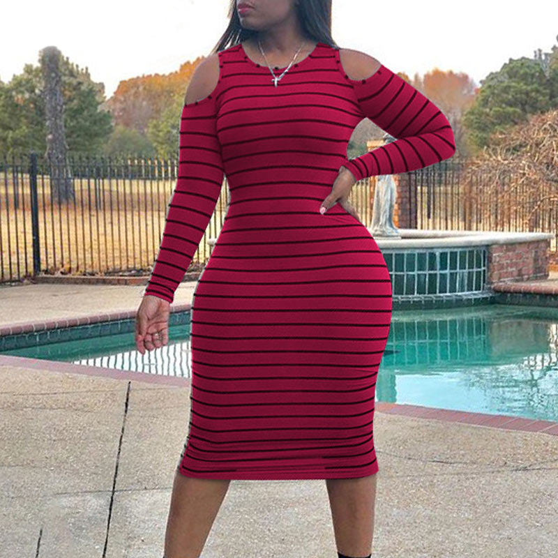 Colorblock Stripes Cold Shoulder Long Sleeve Dress