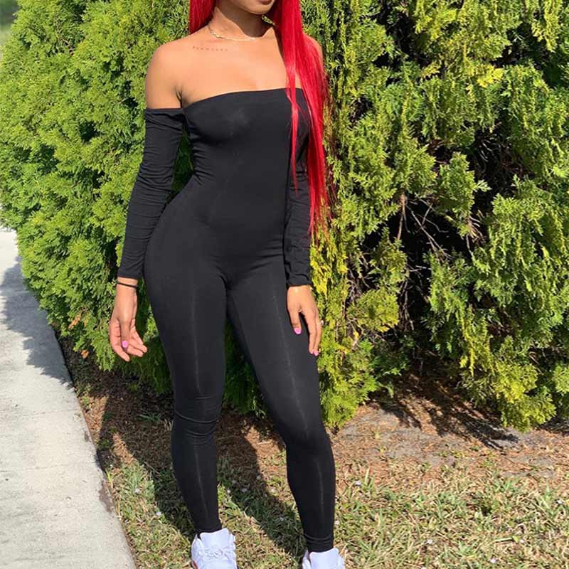 Solid Off Shoulder Long Sleeve Jumpsuit