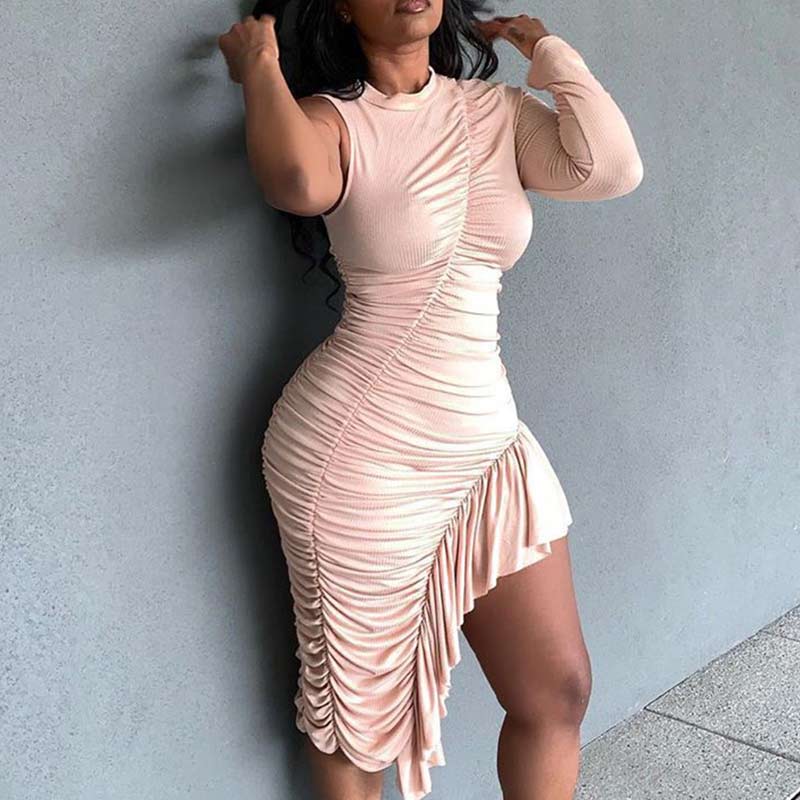 Solid Long Sleeve Ruched Irregular Bodycon Dress