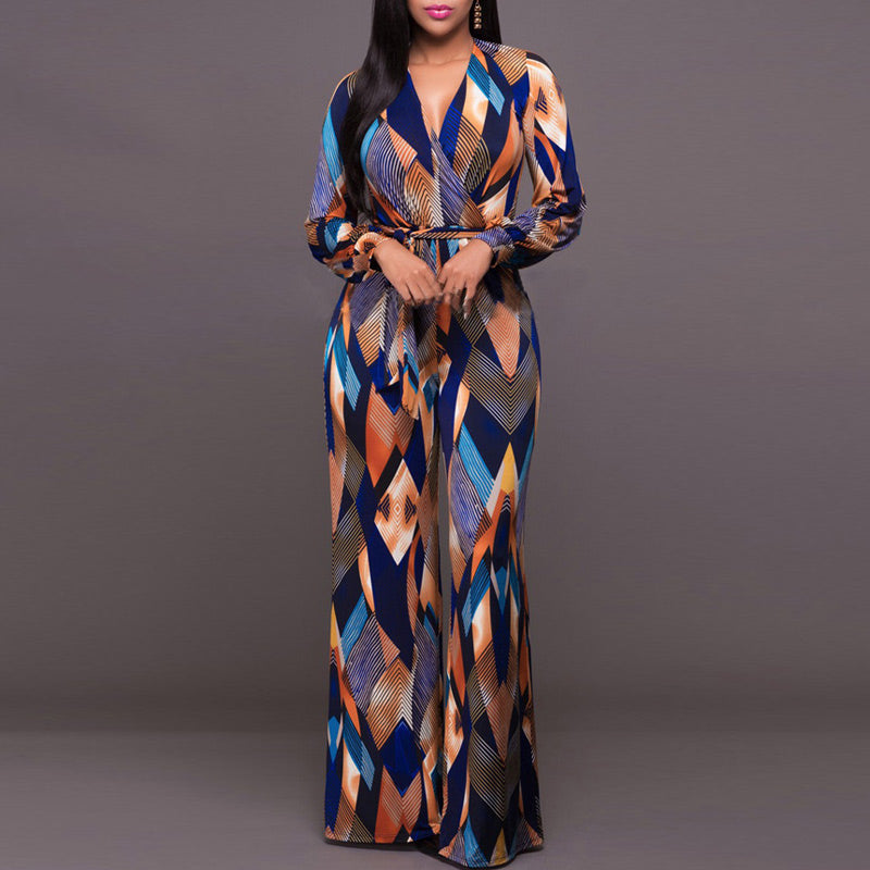 Colorblock Print V-Neck Long Sleeve Maxi Dress With Belt