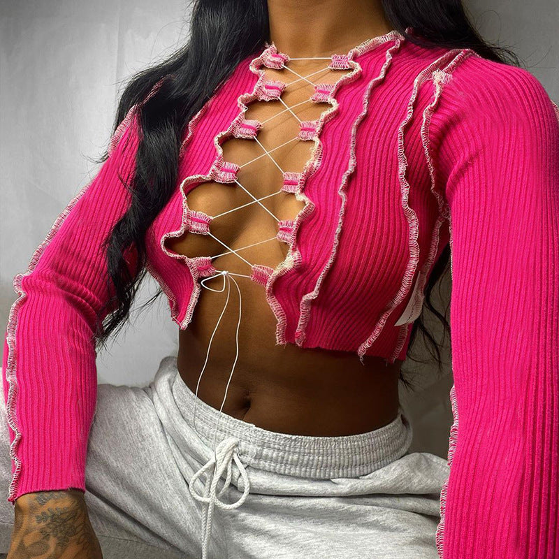 Sexy Hollowout Lace-Up Long Sleeve Top