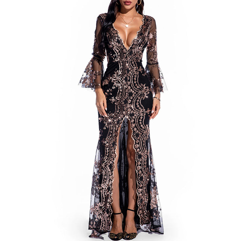 Sequins Deep V-Neck Sheer Mesh Patchwork High Split Dress