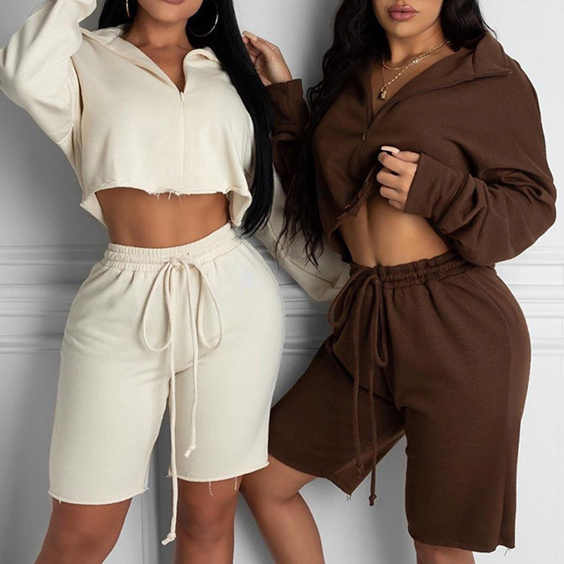 Casual Lapel Tie Long Sleeve 2PCS Shorts Set