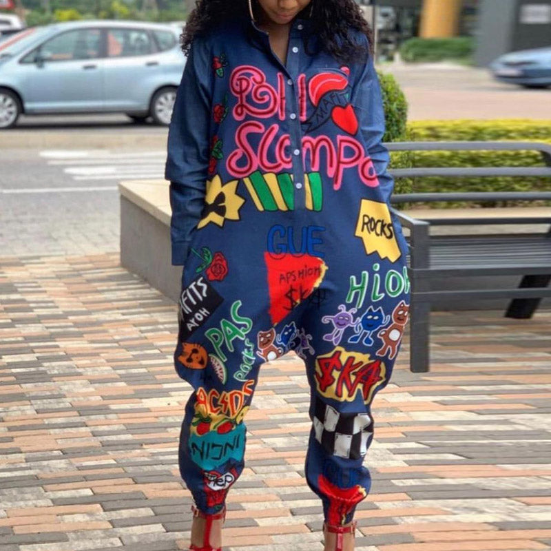 Denim Letter Print Oversized Hip Hop Long Sleeve Harem Pants Jumpsuit