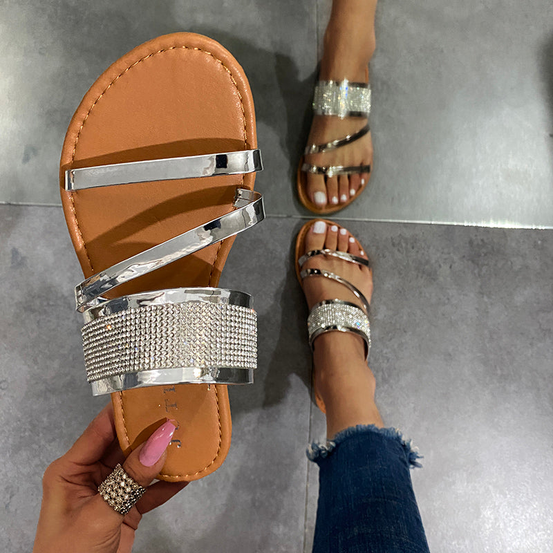 Solid Rhinestone Decoration Flat Sandals