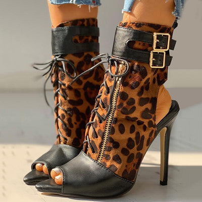 Leopard Print Peep Toe Buckled Thin Heeled Boot - Cherrybetty