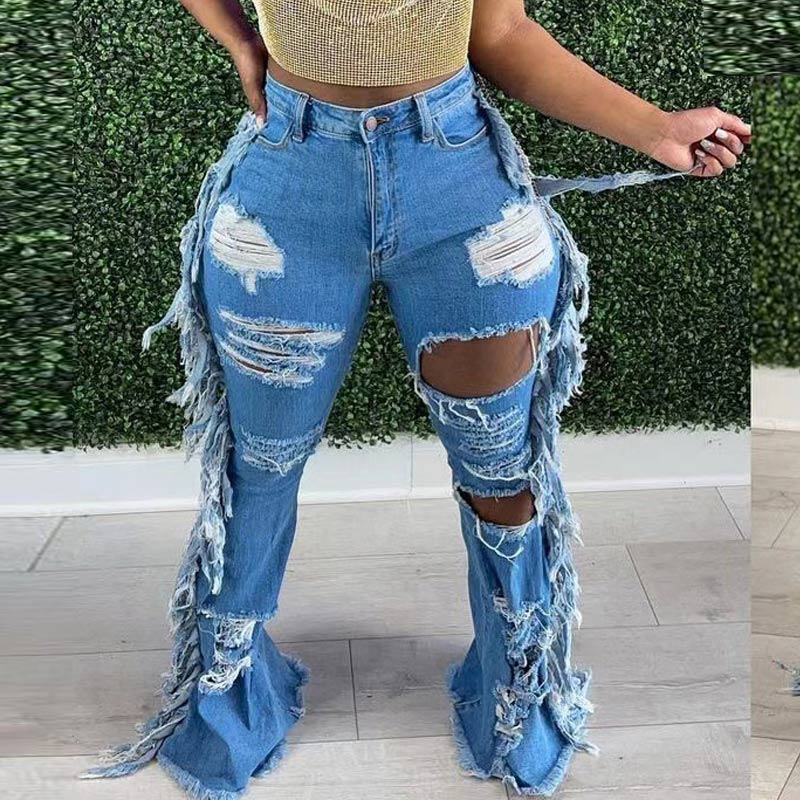 High Waist Ripped Tassel Denim Pants