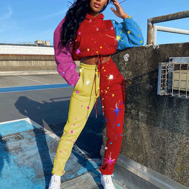 Colorblock Print Hoodie Two piece Set