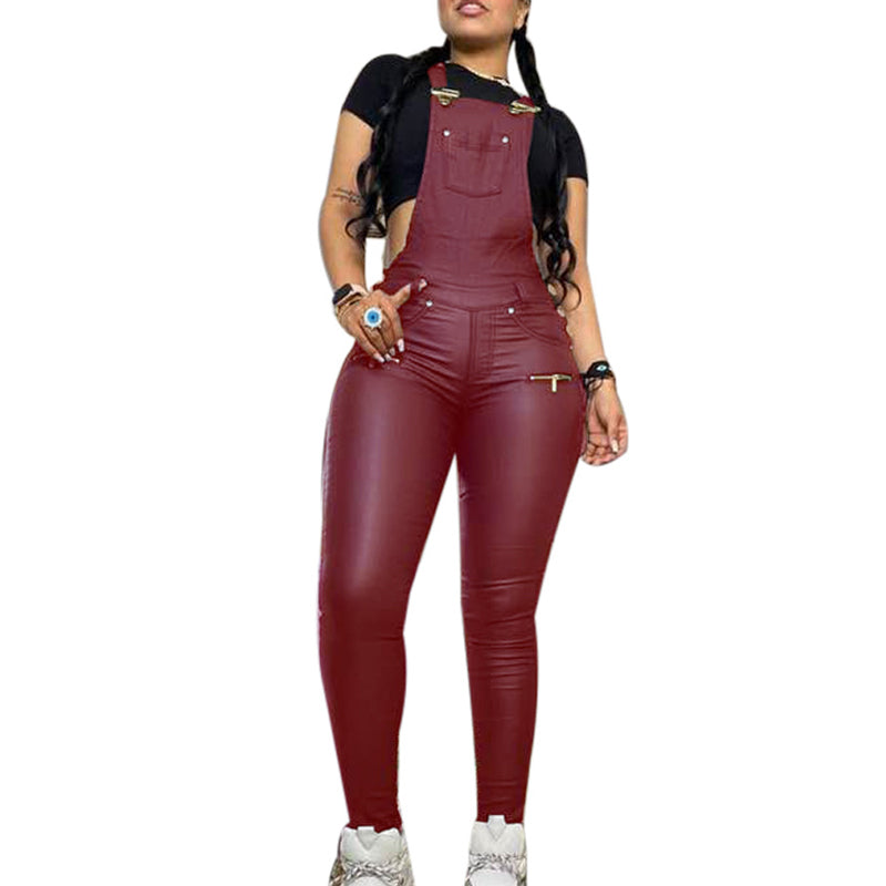 Solid PU Leather Pocket Design Patchwork Overalls Jumpsuit