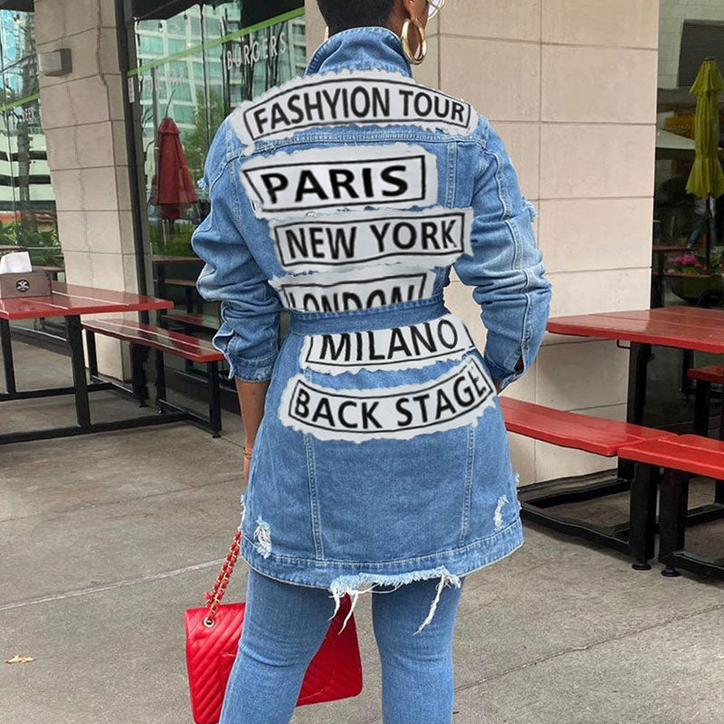 Letter Print Cut Out Long Sleeve Denim Coat With Belt