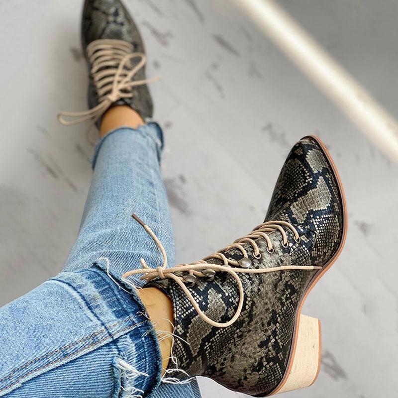 Pointed Toe Lace-up Snakeskin Chunky Heeled Boots - Cherrybetty