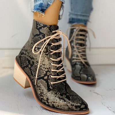 Pointed Toe Lace-up Snakeskin Chunky Heeled Boots - Cherrybetty