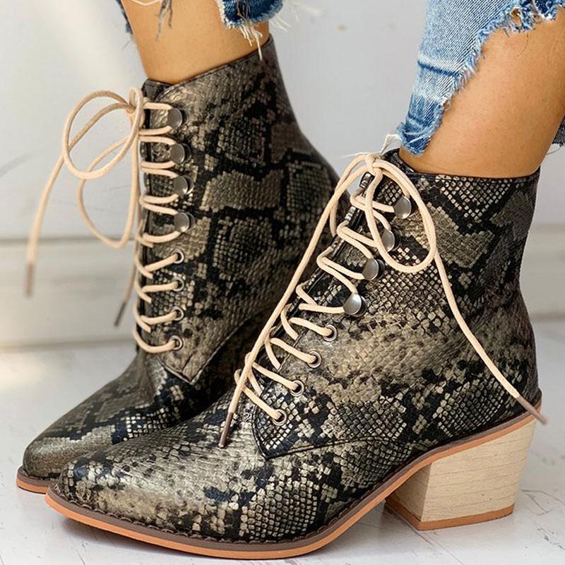 Pointed Toe Lace-up Snakeskin Chunky Heeled Boots - Cherrybetty