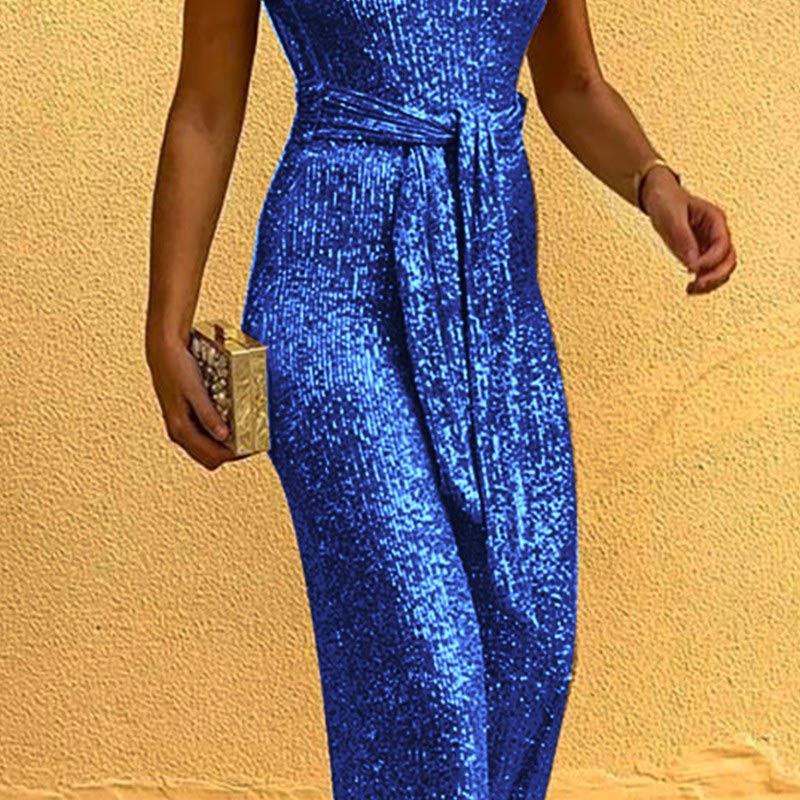 Glitter Round Neck Sleeveless Backless Sequins Jumpsuit - Cherrybetty