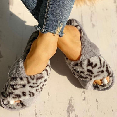 Fluffy Leopard Crisscross Peep Toe Slippers - Cherrybetty