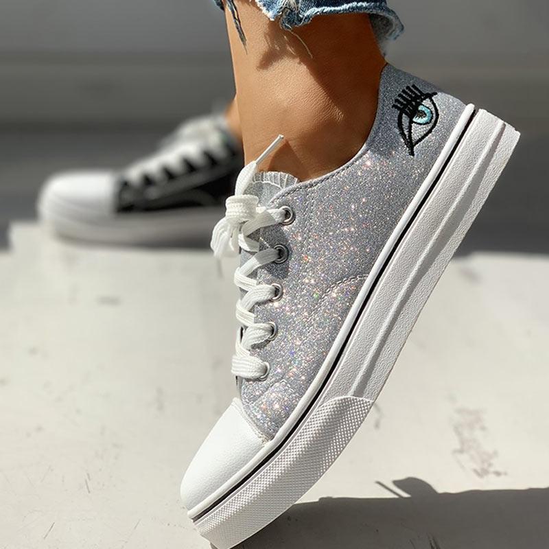 Colorblock Eyes Pattern Eyelet Lace-Up Casual Sneakers - Cherrybetty