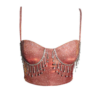 Rhinestone Glitter Tassel Design Corset Top