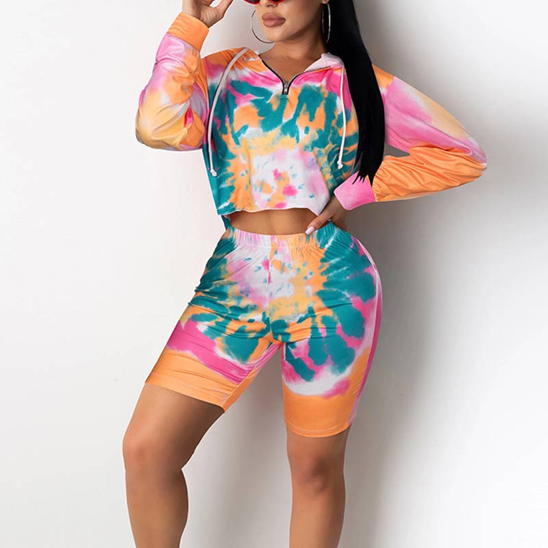 Tie Dye Print Hoodie Crop Top & Shorts Set