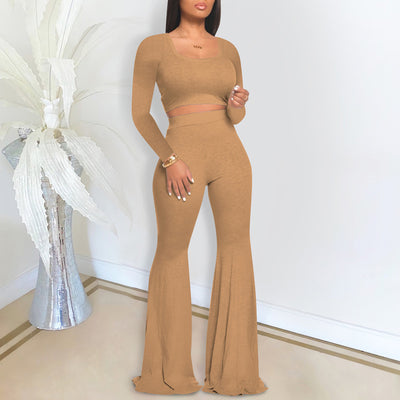 Solid Round Neck Crop Top & Bell Bottom Pants Set