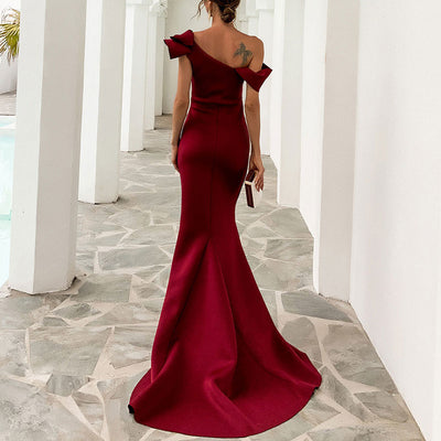 Solid Off Shoulder Sleeveless Ruffle  Design Floor-Length Evening Dress