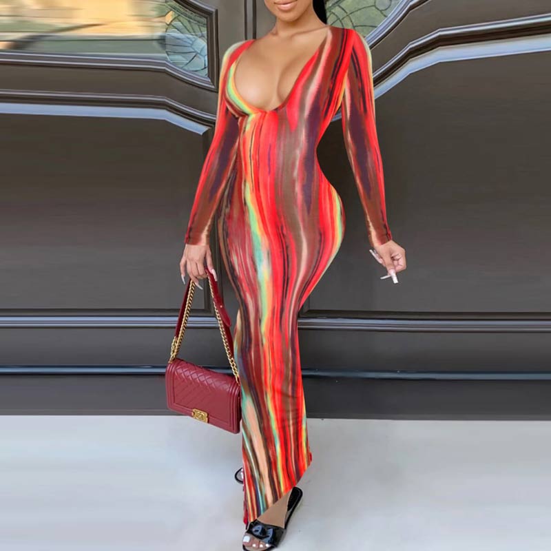 Stylish Deep V Neck Tie-dye Print Maxi Dress