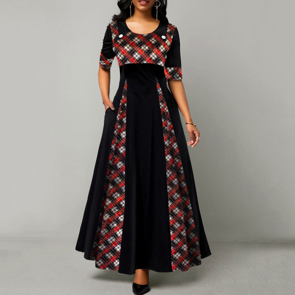 Half Sleeve Plaid Print Patchwork Big Swing Dress