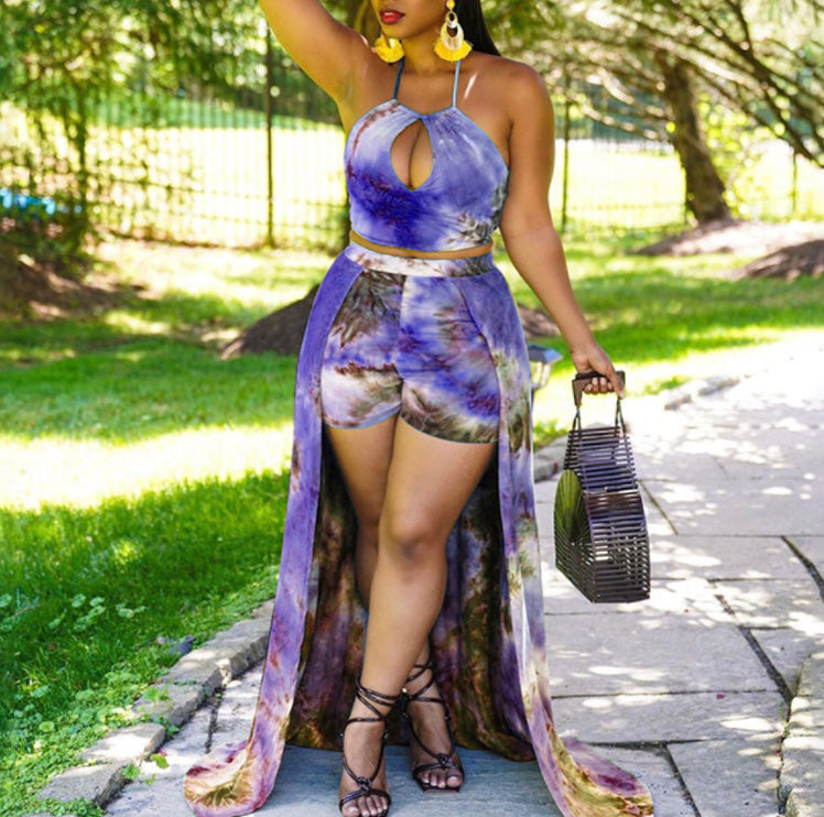 Tie Dye Print Halter Crop Top & Cloak Design Shorts Set