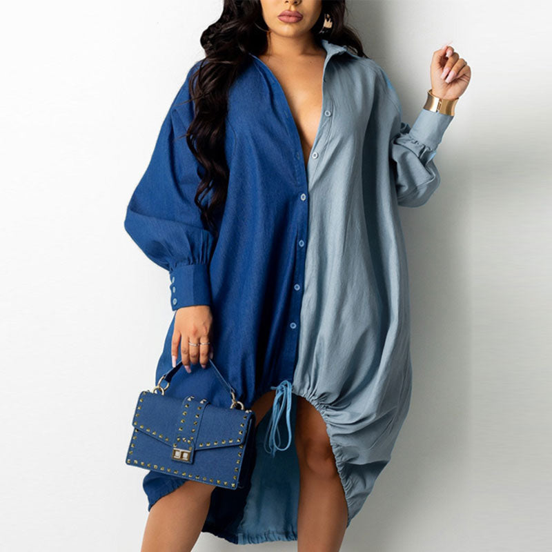 Colorblock Long Sleeve Button Detailed Loose Shirt Dress