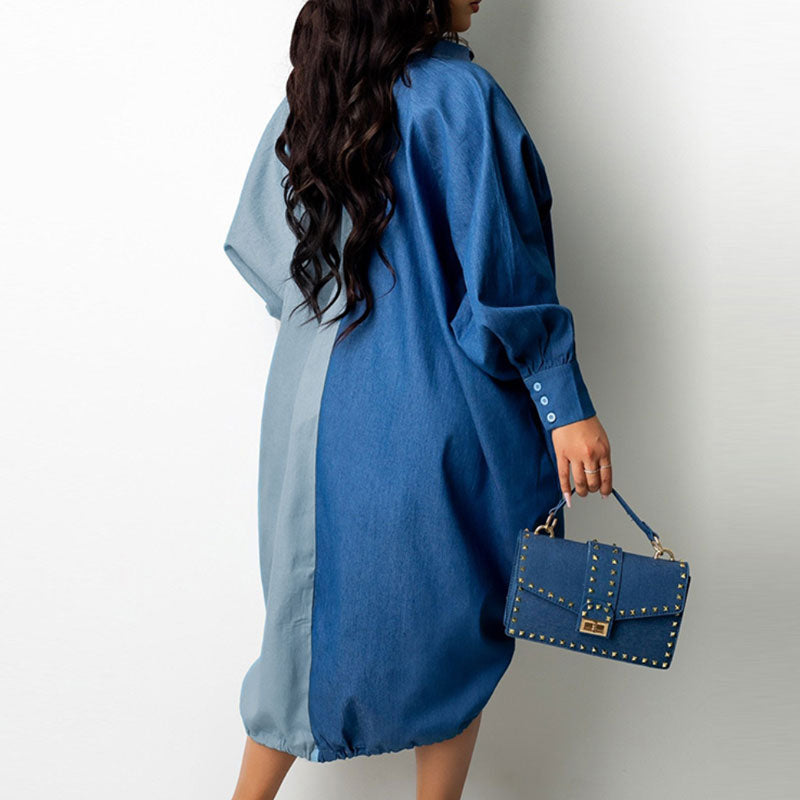 Colorblock Long Sleeve Button Detailed Loose Shirt Dress