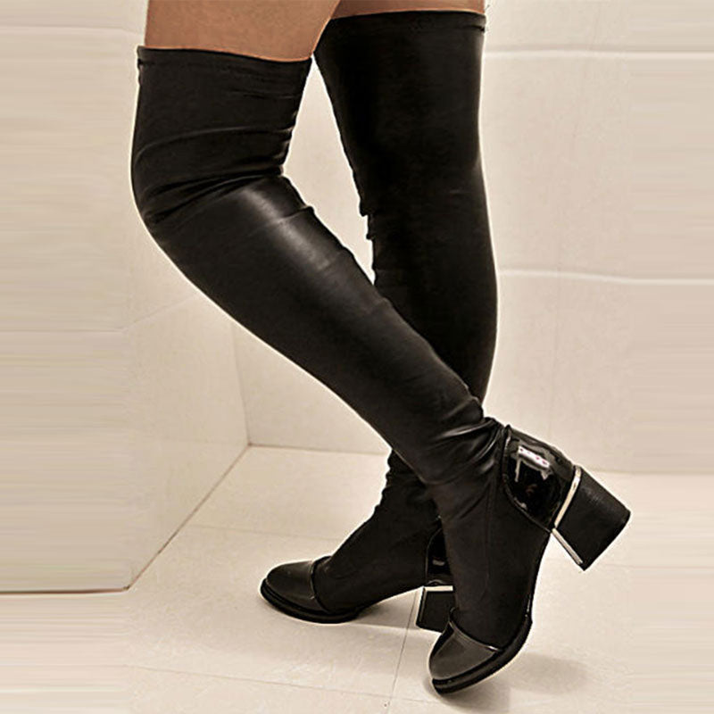 Solid Pointed Toe Chunky Heeled Knee-High Boots