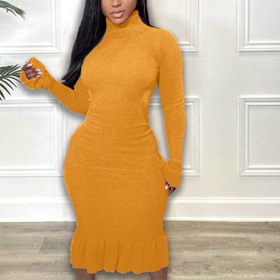 Solid Long Sleeve Backless Ruffled Midi Dress