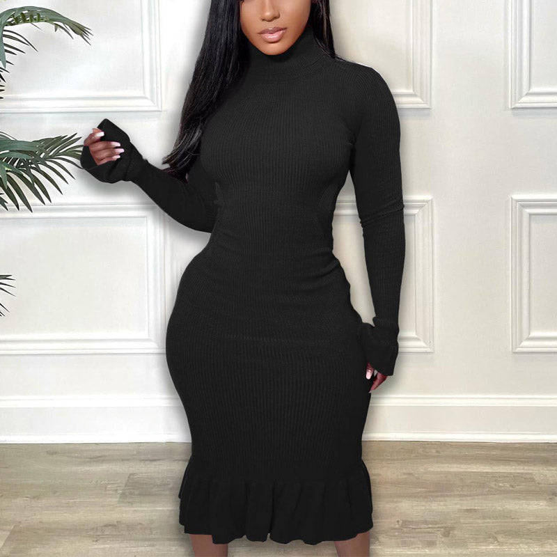 Solid Long Sleeve Backless Ruffled Midi Dress