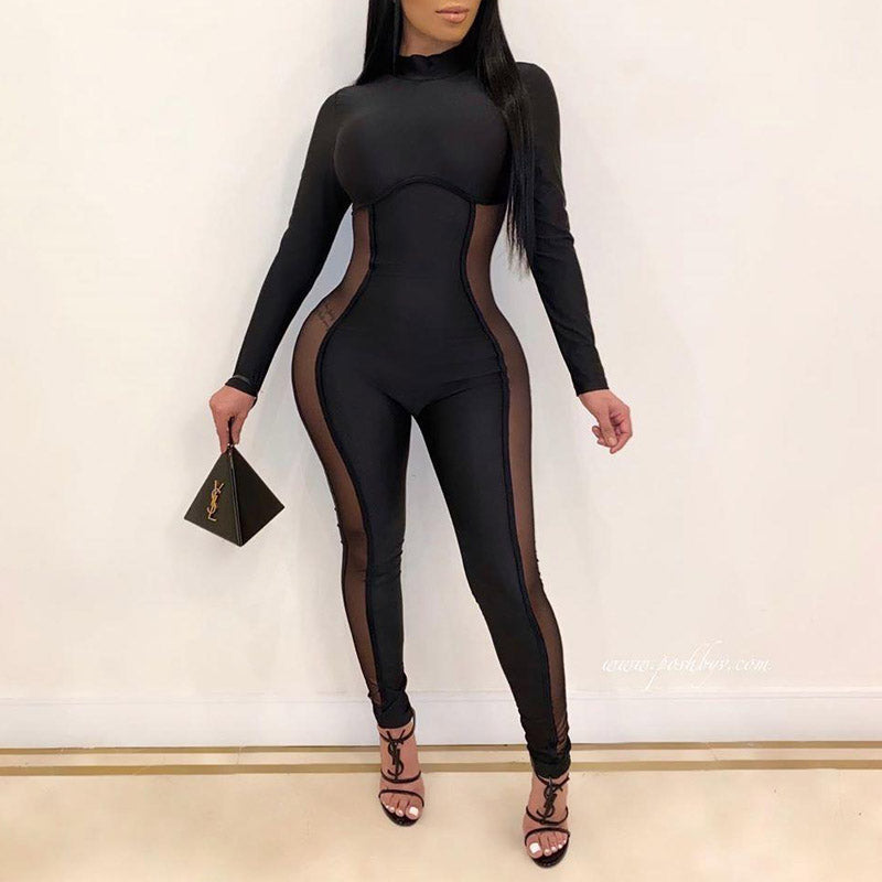 Solid Long Sleeve Sheer Mesh Patchwork Skinny Jumpsuit