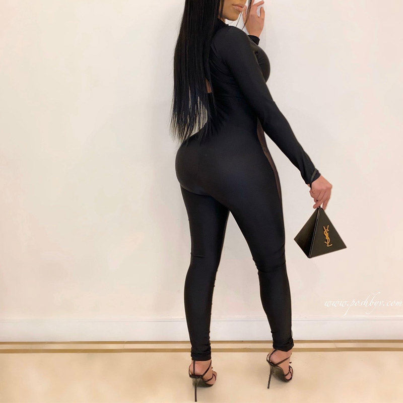 Solid Long Sleeve Sheer Mesh Patchwork Skinny Jumpsuit