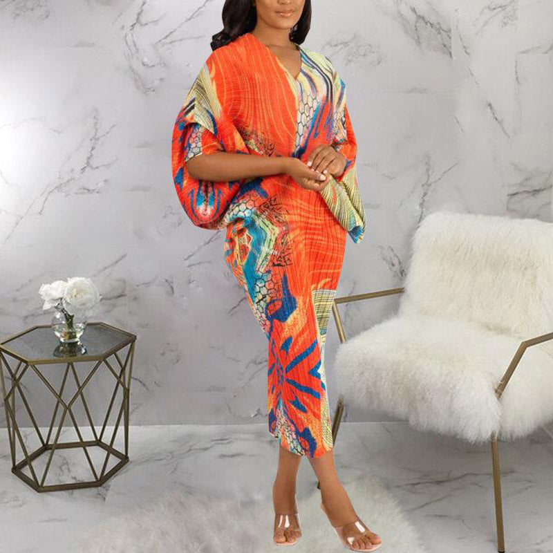 Colorful Print Batwing Sleeve Maxi Dress