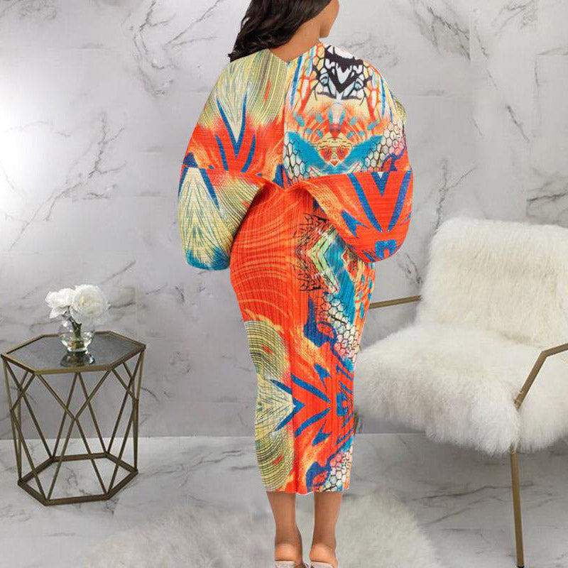 Colorful Print Batwing Sleeve Maxi Dress