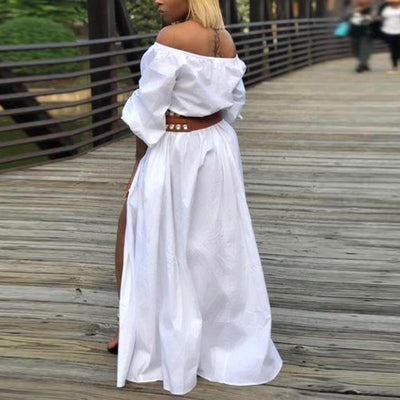 Solid Off Shoulder Long Sleeve High Slit Maxi Dress