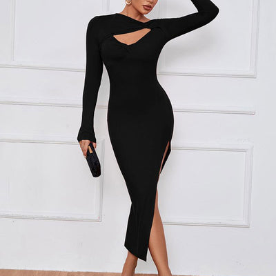 Solid Long Sleeve Cut Out High Slit Midi Dress