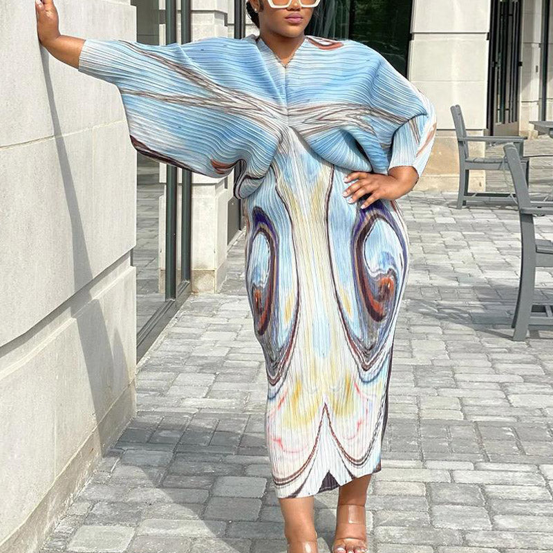 Colorful Print Batwing Sleeve Maxi Dress