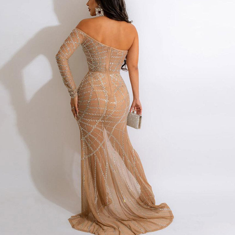 Rhinestone Off Shoulder Long Sleeve High Slit Sheer Mesh Maxi Dress