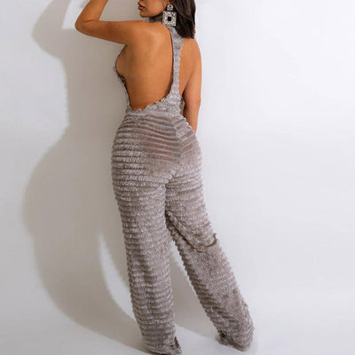 Solid Turtleneck Sleeveless Fuzzy Jumpsuit