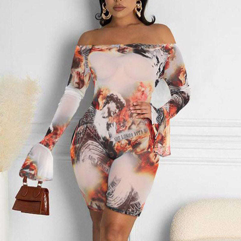 Print Off Shoulder Flared Sleeve Mesh Romper