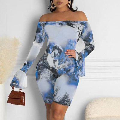 Print Off Shoulder Flared Sleeve Mesh Romper